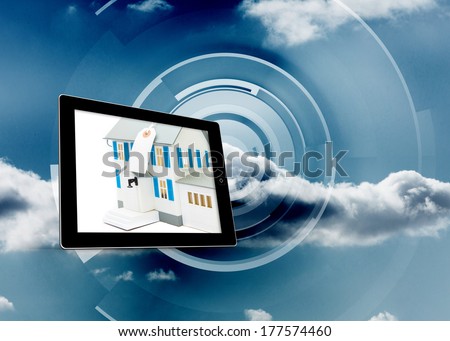 House with price tag on tablet screen against cloud on a futuristic structure