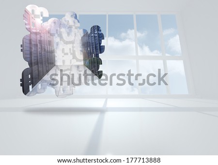 Server hallway on abstract screen against bright white room with windows