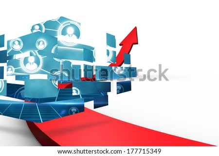 Online community on abstract screen against red arrow pointing up