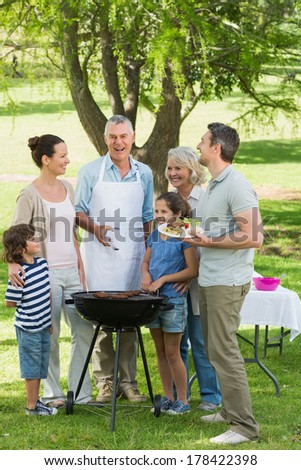 Portrait of an extended family standing at barbecue in the park