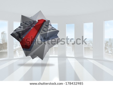 Arrow through maze on abstract screen against bright white room with windows