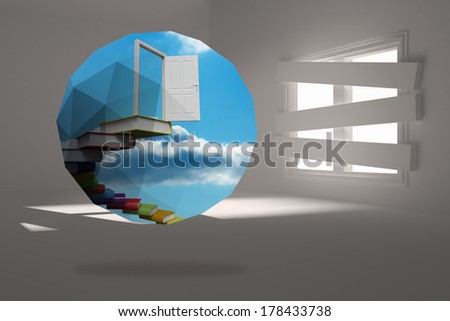 Open door on abstract screen against digitally generated room with bordered up window
