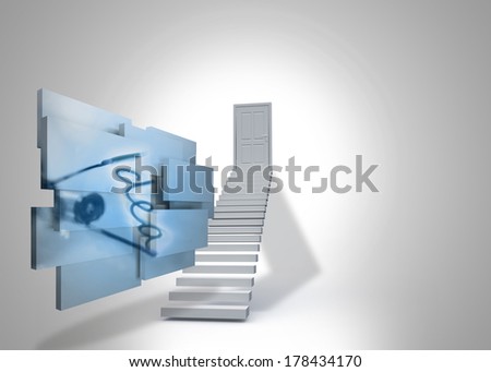 Idea on abstract screen against shut door at top of steps