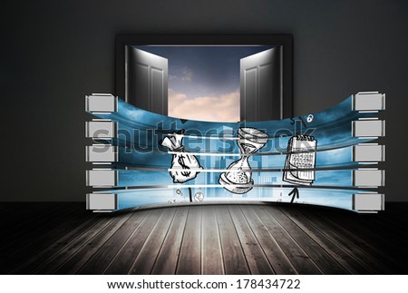 Time and profit concept on abstract screen against open doors in dark room