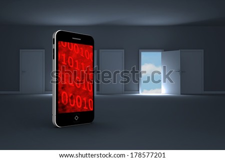 Binary code on smartphone screen against doors opening in dark room to show sky