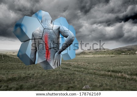 Back injury diagram on abstract screen against stormy countryside background