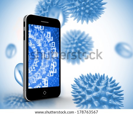 Binary code on smartphone screen against blue virus cells