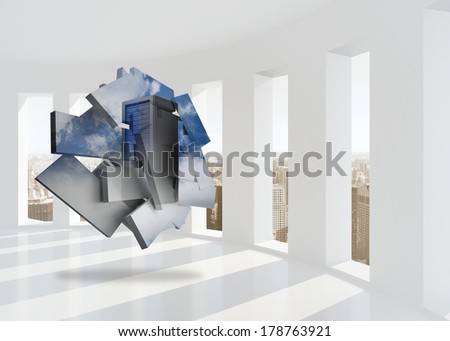 Server tower on abstract screen against bright white room with windows