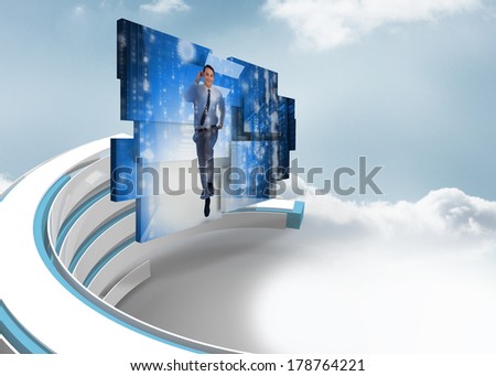 Businessman in data center on abstract screen against blue and white structure in the sky
