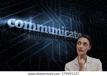 The word communicate and smiling businesswoman thinking against futuristic black and blue background