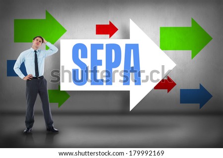 The word sepa and thoughtful businessman with hand on head against arrows pointing