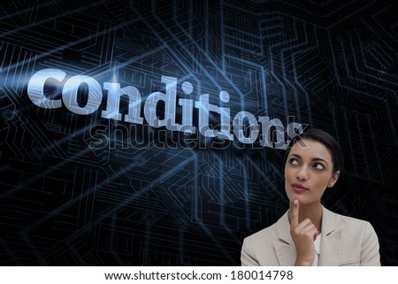 The word conditions and smiling businesswoman thinking against futuristic black and blue background