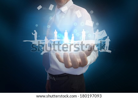 Digital composite of businessman presenting map with email and human representations