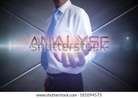 Businessman presenting the word analyse against futuristic screen with lines