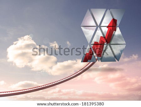 Red arrow on abstract screen against red steps arrow pointing up against sky