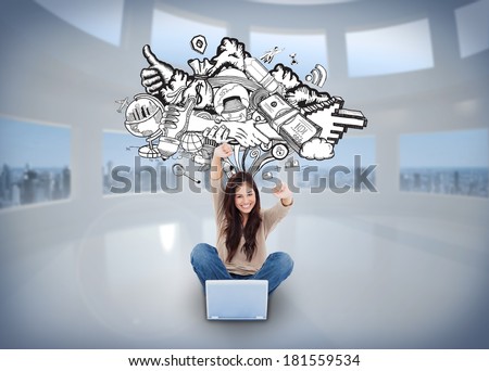 Digital composite of cheering girl using laptop with doodles