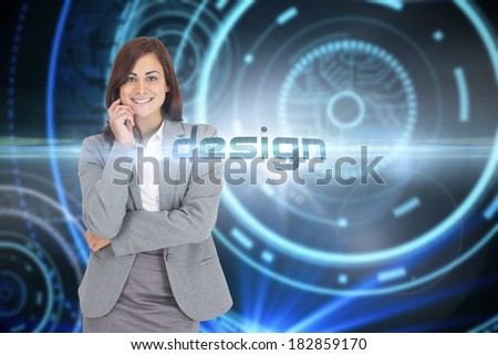 The word design and smiling thoughtful businesswoman against futuristic technological background