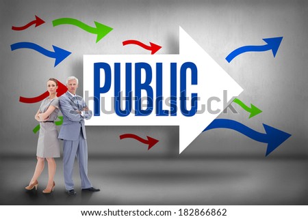 The word public and serious businessman standing back to back with a woman against arrows pointing