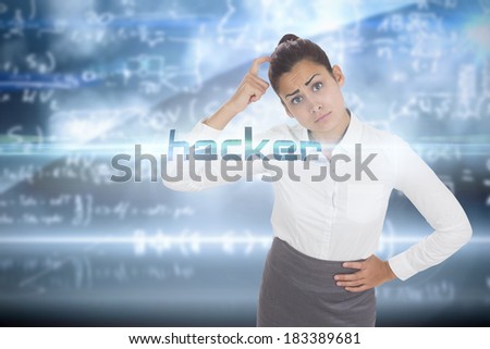 The word hacker and worried businesswoman against math equation background