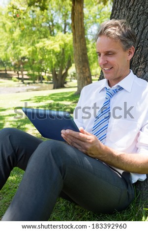 Businessman using tablet computer while leaning on tree trunk in park