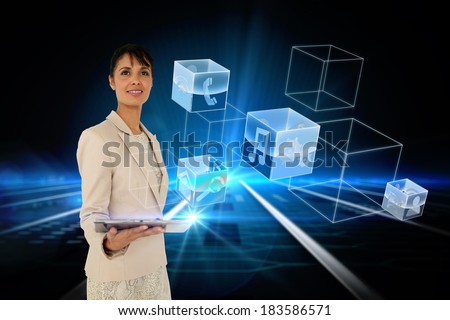 Digital composite of businesswoman holding tablet with app interface