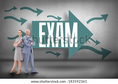 The word exam and serious businessman standing back to back with a woman against arrows pointing