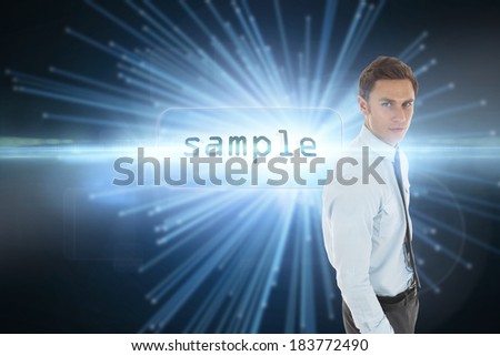 The word sample and serious businessman with hand in pocket against abstract technology background