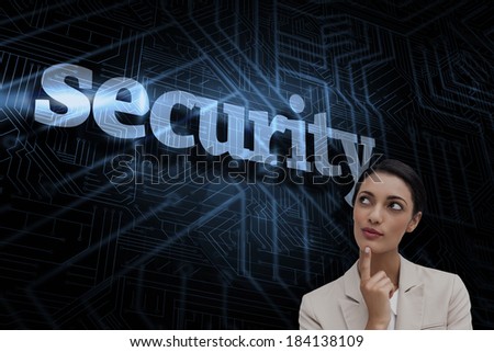 The word security and smiling businesswoman thinking against futuristic black and blue background