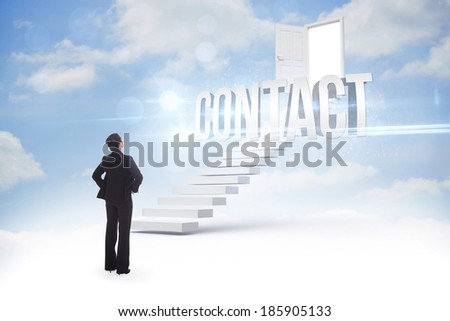 The word contact and businesswoman with hands on hips against steps leading to open door in the sky