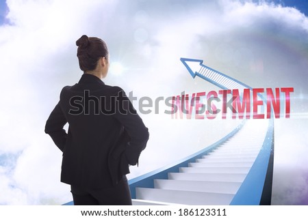 The word investment and businesswoman with hands on hips against red staircase arrow pointing up against sky