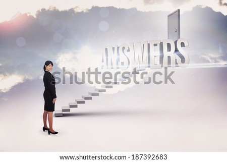 The word answers and smiling businesswoman against white steps leading to closed door