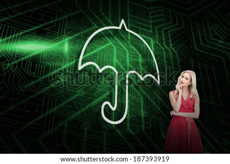 Composite image of umbrella and sexy blonde against green and black circuit board