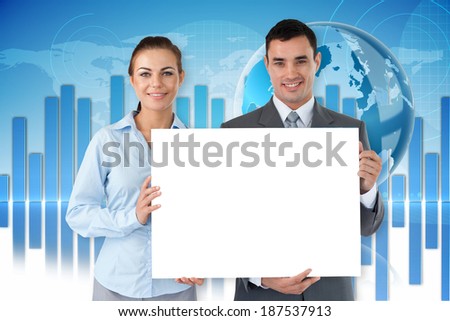 Business partners showing card against global business graphic in blue