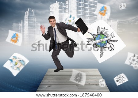 Cheerful businessman in a hurry against holographic cityscape in sky