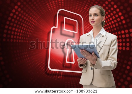 Composite image of lock and businesswoman using tablet against red pixel spiral