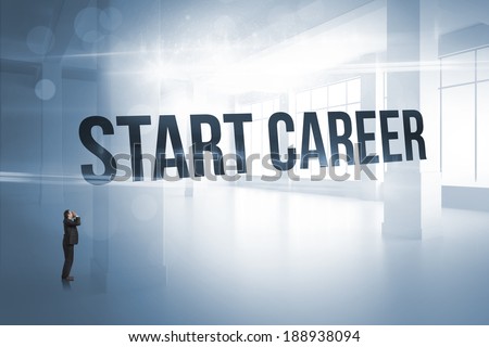 The word start career and shouting businessman against white room with windows