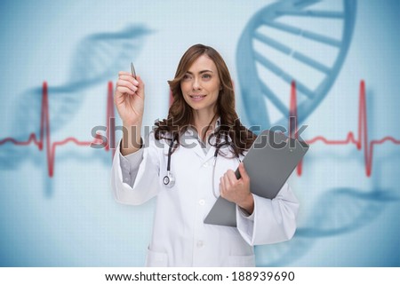 Smiling doctor pointing against blue medical background with dna and ecg