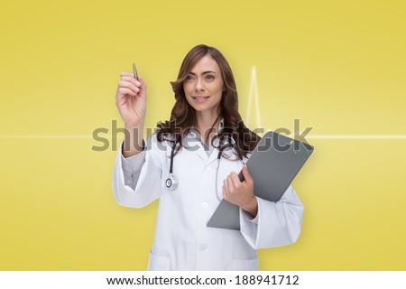 Smiling doctor pointing against yellow medical background with ecg line