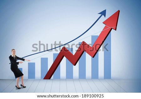 Businesswoman pulling a rope around arrow against blue bar chart with blue arrow
