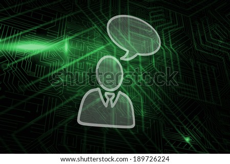 Businessman and speech bubble against green and black circuit board