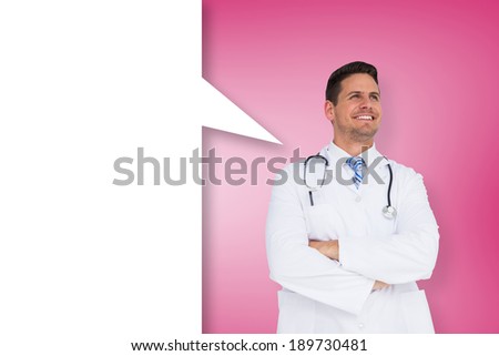Handsome doctor with arms crossed and speech bubble against pink vignette