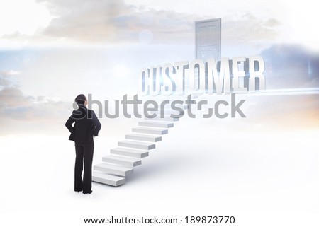The word customer and businesswoman with hands on hips against white steps leading to closed door