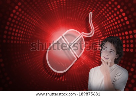 Composite image of computer mouse and casual thinking man against red pixel spiral