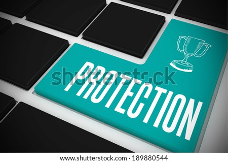 The word protection and winners cup on black keyboard with blue key