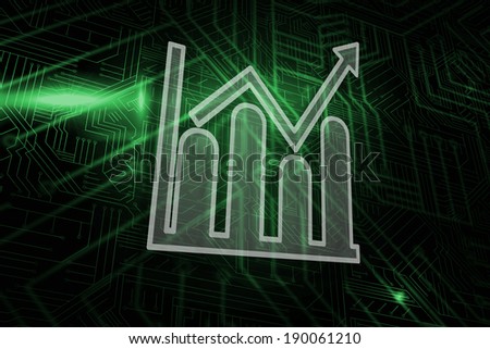 Bar chart and arrow against green and black circuit board