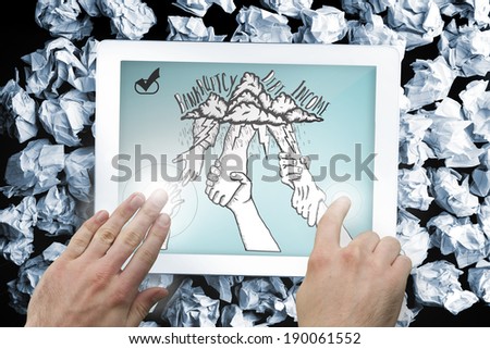 Composite image of hand touching tablet showing bankruptcy and debt doodle with helping hands