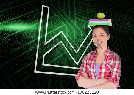 Composite image of graph and arrow and student against green and black circuit board
