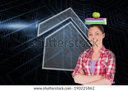 Composite image of house and student against futuristic black and blue background