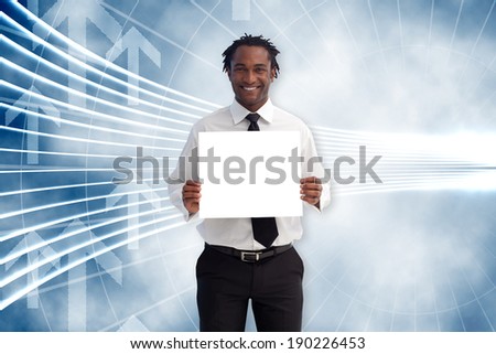 Businessman showing card against arrow graphics in blue and white