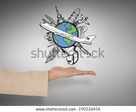 Female hand presenting global travel graphic against grey vignette
